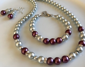 Burgundy - Grey Pearl Jewelry Set, Grey Pearl  Handmade Jewelry Set, Wedding Jewelry Set, Gift for Her, Dainty Jewelry Set