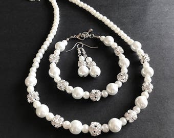 White Pearl  Bridal Jewelry Set, Wedding Jewelry Set With Crystals, Gift For Her, Crystal Jewelry Set, Handmade Jewelry