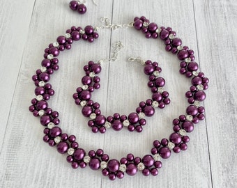 Burgundy purple pearl bridal set, burgundy pearl flower necklace,bridal necklace, bridesmaid necklace, wedding necklace, jewelry sets of 3