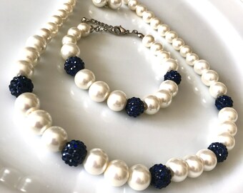 Navy Blue Jewelry Set,Beaded Bride Jewelry Set, Gift For Her, Custom Jewelry Set, Ivory Pearl Jewelry Set, Crystal Jewelry