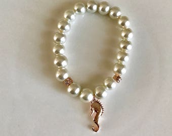 Golden rose jewelry, ivory pearl flower girl bracelet with rose gold sea horse charm, flower girl jewelry , bridal jewelry