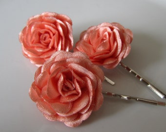 Salmon hair flowers for bridal, Rose hair pins, Handmade gifts