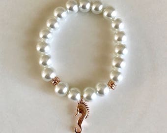 Flowergirl, flowergirl bracelet, pearl bracelet, rose gold bracelet, rose gold jewelry, pearl bracelet, flowergirl gift, sea horse charm