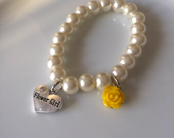 Flowergirl, flowergirl bracelet, yellow rose, pearl bracelet, flowergirl jewelry, flowergirl gift, heart charm, flower jewlry, resin rose