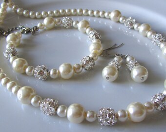 Ivory Pearl Wedding Jewelry Set, Gift For Her, Custom Wedding Jewelry, Bridesmaids Gift, Handmade Jewelry, Crystal Jewelry