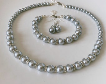 Grey Pearl  Handmade Jewelry Set, Wedding Jewelry Set, Gift for Her, Dainty Jewelry Set, Crsytal Jewelry Set