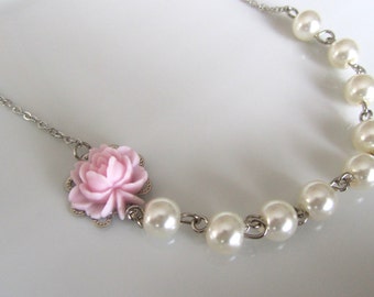 Pink flower necklace with pearls, Pearl necklace,  Bridal necklace , Flowergirl necklace, Flowergirl, Pearl necklace, Resin rose necklace