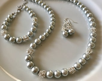 Grey pearl necklace, bracelet and earrings set with crystal rhinestone balls, wedding jewelry set,  bridesmaid gift, wedding gift