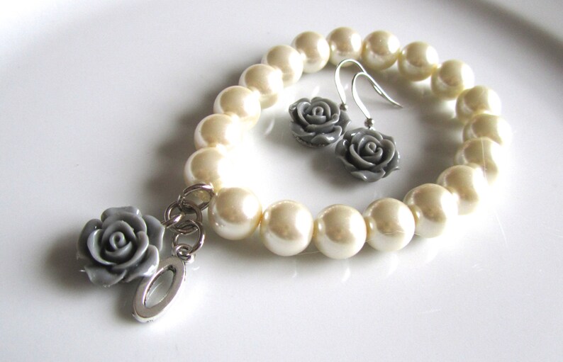 grey bridal grey rose pearl bridal bracelet Ivory pearl bracelet with grey rose earrings and letter bridesmaids Initial bracelet