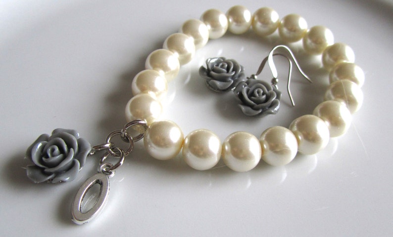 grey bridal grey rose pearl bridal bracelet Ivory pearl bracelet with grey rose earrings and letter bridesmaids Initial bracelet