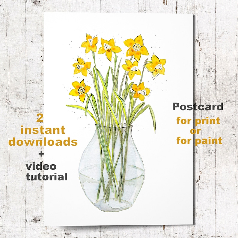 Vase with Daffodils Instant download for print or for paint