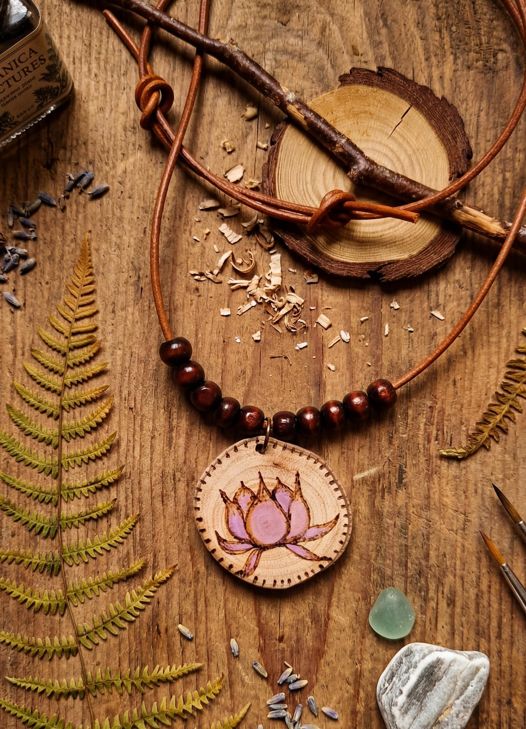 Pyrography Lotus Bohemian Wood and Leather Necklace / Wood Slice With Lotus Flower ...