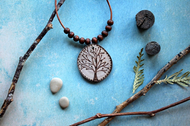 handmade tree of life necklace wood burning nature lovers Wood slice
