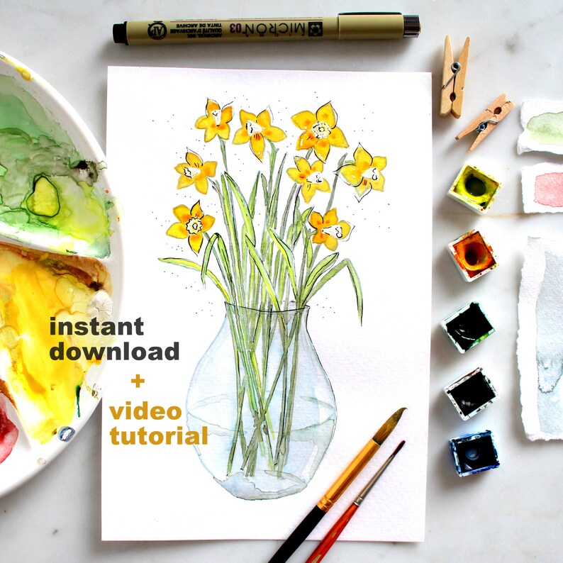 Vase with Daffodils Instant download for print or for paint