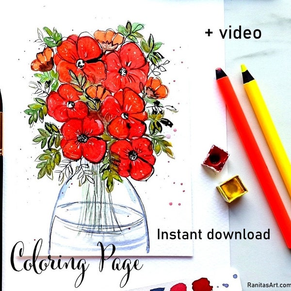 INSTANT DOWNLOAD / Malvorlage für Aquarellmalerei zum anmalen / coloring pages / Vase mit Rote Blumen