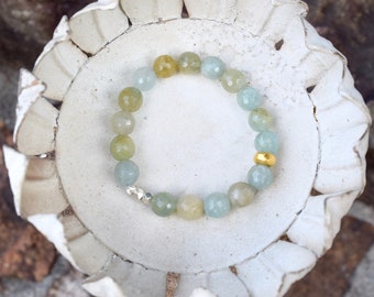 Faceted Aquamarine, Matte Gold & Thai Silver Bracelet