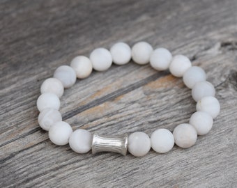 Matte White Agate & Textured Silver Tube Bracelet