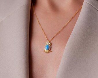 Sterling Silver Owl Necklace | Blue Opal & Zircon Crystal Pendant