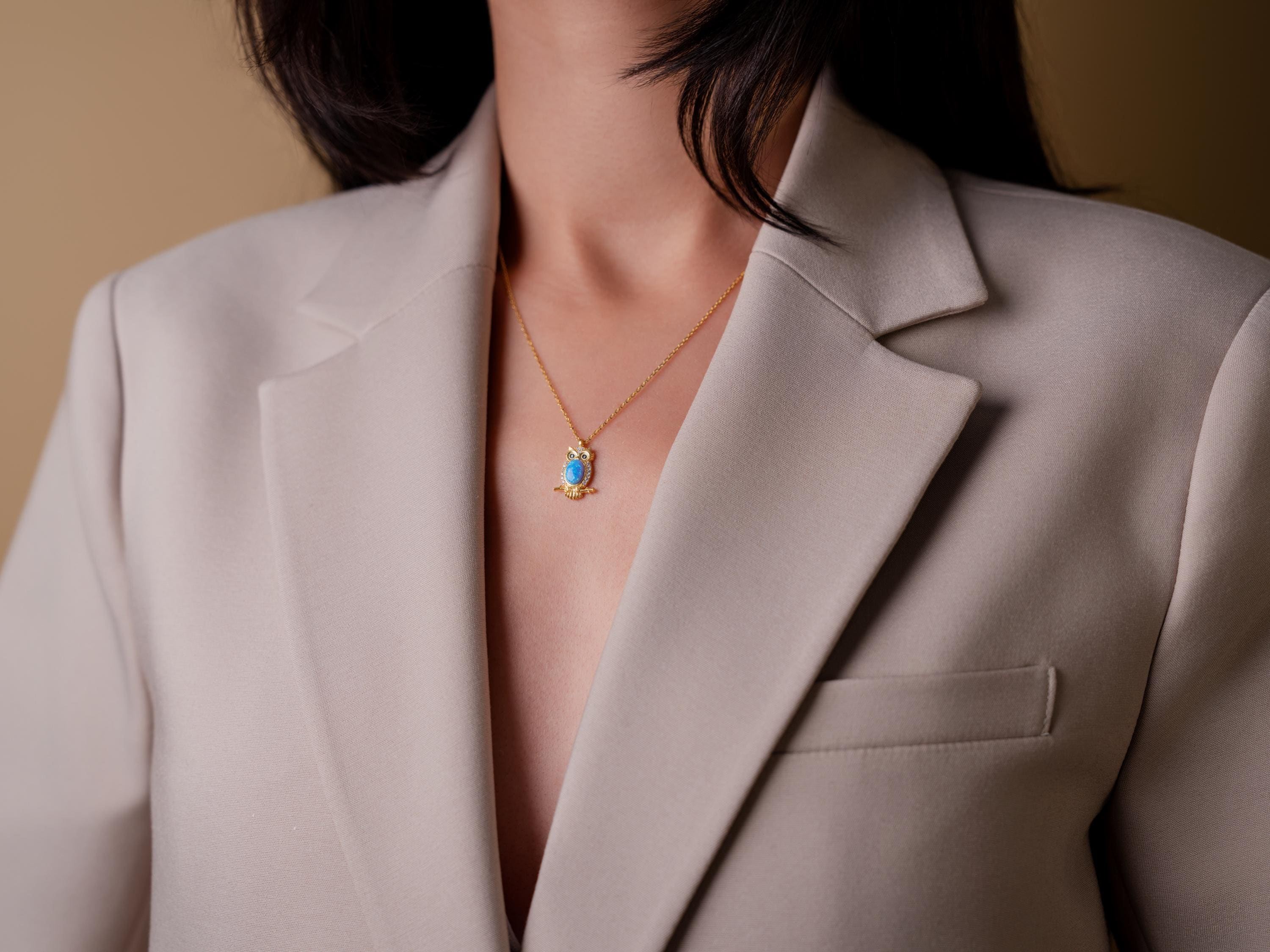Sterling Silver Owl Necklace with Blue Opal | Minimalist Owl Necklace | Turquoise Gemstone Pendant |