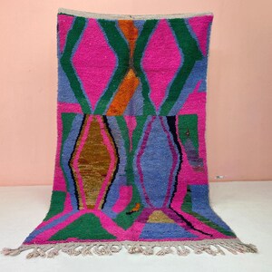 Boho Rug, Pink Wool, Living Room Carpet, Handmade Beni Ourain Shaggy Mat, Soft Washable 5x7 Berber Floor Decor