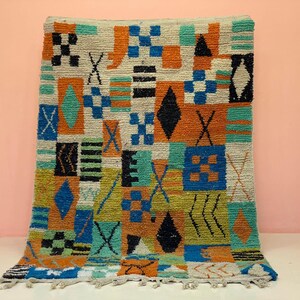 Beni Ourain Geometric Rug, Handmade Carpet, Bohemian Style, Multi Colored, Soft Shaggy Floor Covering, Luxury Wool Texture