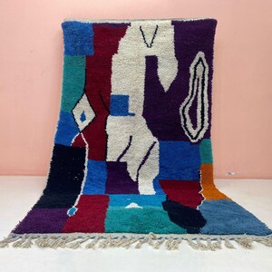 Beni Ourain Style Wool Rug Colorful, Geometric Carpet Art, Hand Knotted Berber Design, Soft Shaggy Texture, Indoor Use Mat