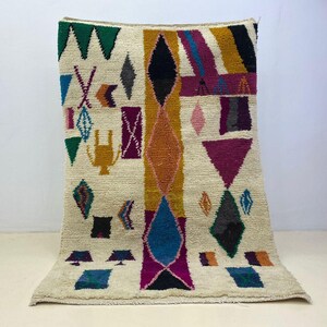 Moroccan Beni Ourain Rug, Hand Knotted Wool, Vibrant Colors, Bohemian Home Decor, Soft Shaggy Carpet, Durable Washable Floor Covering