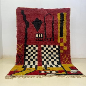 Boujaad Handmade Rug, Moroccan Wool Carpet, Geometric Design, Soft Shaggy Texture, Cozy Bedroom Accent, Durable Natural Fiber