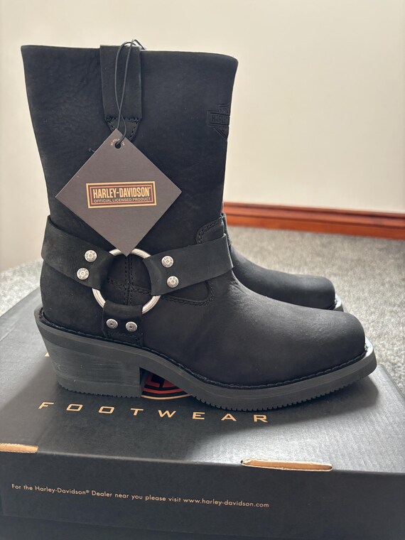 Harley Davidson Western Biker Full Grain Leather Black Boots 