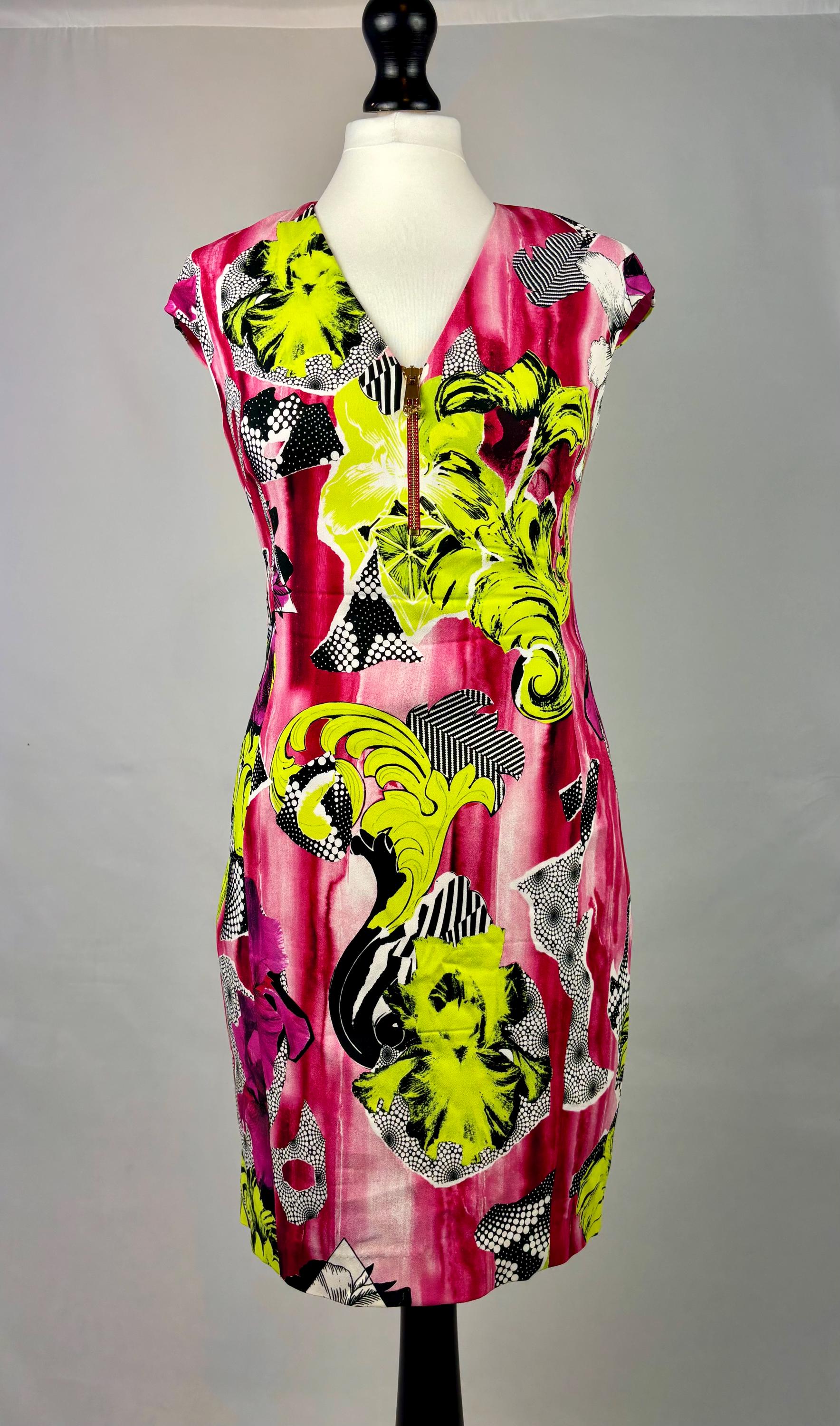Versace Dress Pink/multicolor With Gold Details Size Uk8/small