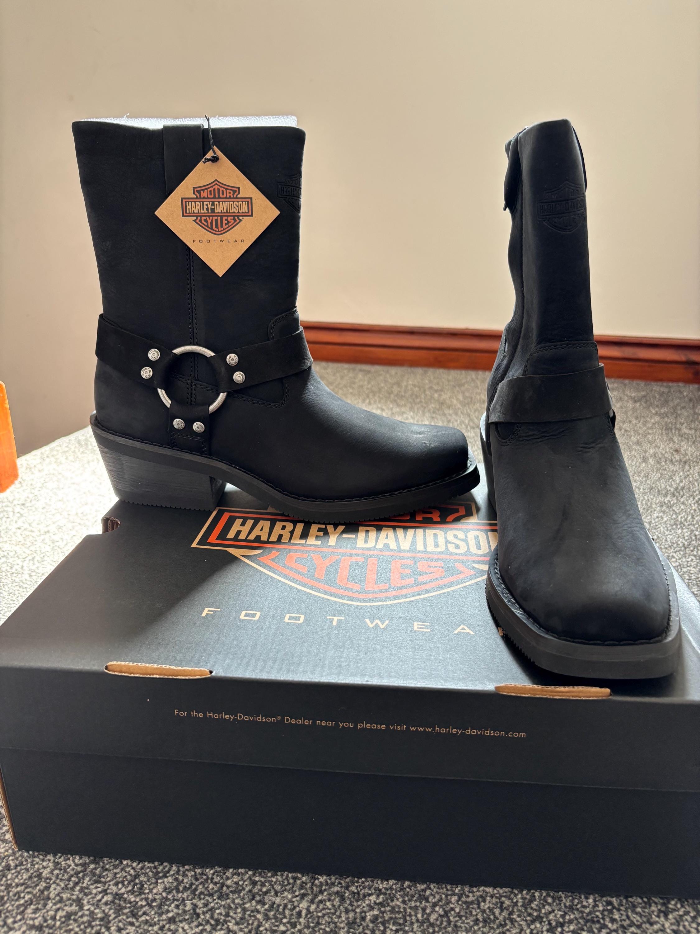 Harley Davidson Black Western Biker Boots Full Grain Leather 