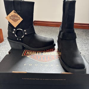 Harley Davidson Motorcycle Boots Mens 10.5 Black Leather Lace Up Lug Sole Logo Harley Davidson Black Leather Logger Conductor Biker Riding  main image 2