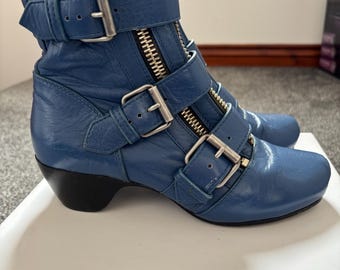 Vintage Y2K Marc Jacobs Blue Leather Biker Boots - UK3/EU36