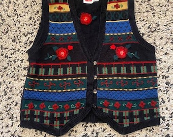 Gilet vintage in maglia decorato con rose, stile boho, taglia grande, stile grandmacore