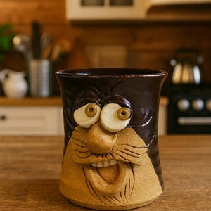 Könnte beinhalten: Eine braune Keramiktasse mit einem skurrilen Gesichtsdesign. Die Tasse hat große, ausdrucksstarke Augen, eine markante Nase und einen lächelnden Mund. Die Tasse ist etwa 13 cm hoch und steht auf einer Holzoberfläche.