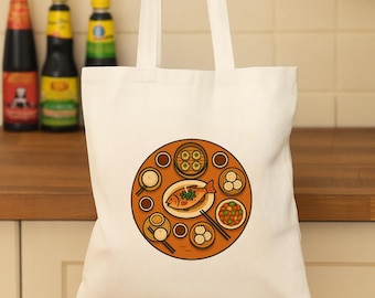 Steamed Fish Dinner Tote Bag | Nostalgic Asian American Gift, Eco-Friendly Canvas Bag, Cute Chinese Food Tote,  Asian Tote Bag