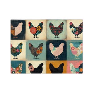 May include: A decorative square featuring a grid of twelve colourful chicken illustrations. Each chicken is uniquely designed with floral patterns, patchwork, and solid colours, set against a variety of muted background hues. The artwork evokes a rustic, farmhouse aesthetic.