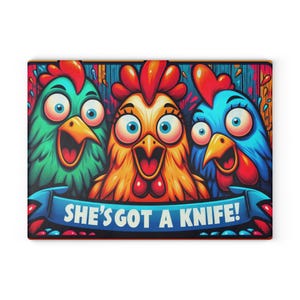 Buntes Huhn Schneidebrett - She&#39;s Got A Messer! Küchendekoration, Geschenk für Köche, Partyzubehör, Neuheit Küchengeschenk
