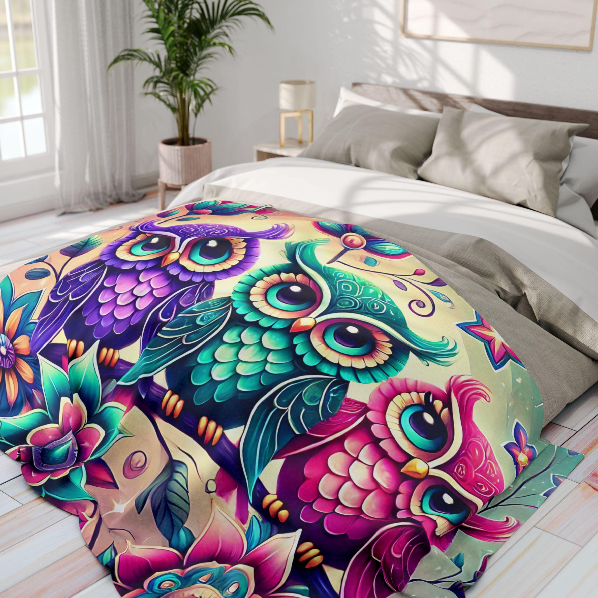 Colorful Owl Fleece Blanket, Cozy Throw, Kids Room Decor