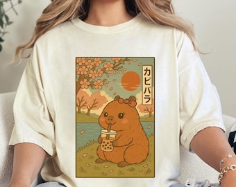 Cute Capybara Japanese Anime T-Shirt, Kawaii Cartoon Bubble Tea Graphic Tee, Aesthetic Vintage Style Shirt, Capybara Lover Gift for Her
