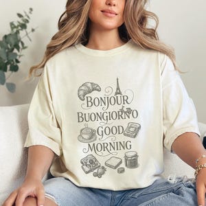Bonjour Shirt, Coffee Lover T-Shirt, Breakfast Graphic Tee, Paris Cafe Travel Shirt, Foodie Gift Top, Morning Vibes Tee