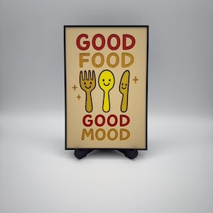 Good Food Good Mood Kitchen Wall Art – Cute 3D Fork Spoon Knife Print – Fun Dining Room or Cafe Decor