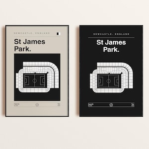 May include: Two framed prints of St James' Park stadium in Newcastle, England. One print has a black background, the other is beige. Both feature a minimalist stadium illustration and text.