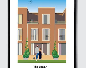 Custom House Portrait – Hand-Drawn Home Illustration with Family & Pets (Digital Download)