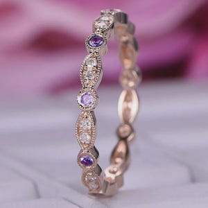 New Rose Gold Amethyst and Diamond Eternity Band, Vintage Inspired Stacking Ring, Dainty Wedding Anniversary Promise Jewelry, Christmas Gift