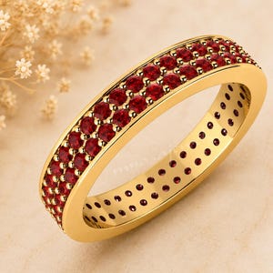 Red Ruby Wedding Ring, Sterling Silver Pave Band, Bridal Jewelry, Gift for Girlfriend