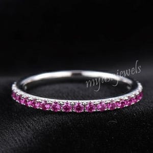 Ruby Eternity Band – 925 Sterling Silver Ruby Stackable Ring, Micro-Pave Ruby Wedding / Anniversary / July Birthstone Band for Her