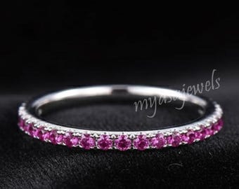 Anel Ruby Eternity – Anel empilhável de rubi em prata esterlina 925, aliança de casamento/aniversário/pedra de nascimento em julho para ela