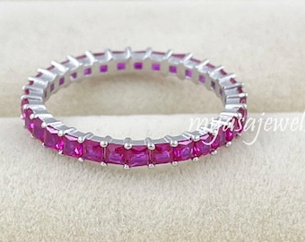 Gold Ruby Eternity Band Ring, Sterling Silver Ruby Wedding Ring, Stackable Birthstone Ring, Anniversary Gift, Valentine’s Day Ring for Her