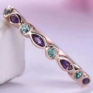Amethyst & Aquamarine 925 Sterling Silver Eternity Band Ring | Dainty Stackable Wedding Anniversary Gift | February Birthstone Jewelry
